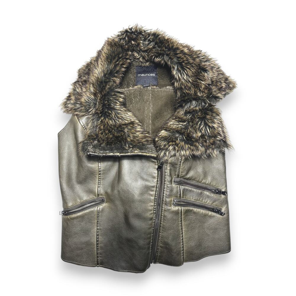 Maurices Olive Faux Leather & Fur Lined Asymmetric Zip-Up Moto Vest Size Medium